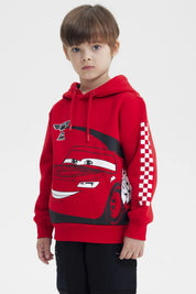 Polerón rojo para niño con capucha y estampado de auto animado en el frente estilo Cars