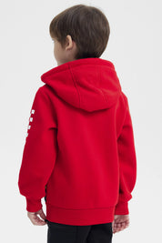 Polerón rojo para niño con capucha y estampado de auto animado en el frente estilo Cars
