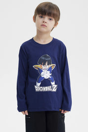 Polera niño azul marino con estampa de Dragon Ball Z en el centro mostrando a personaje en pose de ataque estilo anime