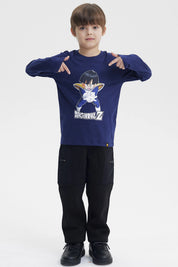 Polera niño azul marino con estampa de Dragon Ball Z en el centro mostrando a personaje en pose de ataque estilo anime