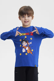 Polera azul para niño con Goku de Dragon Ball Z al frente rodeado de esferas del dragón en estilo animado