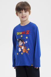Polera azul para niño con Goku de Dragon Ball Z al frente rodeado de esferas del dragón en estilo animado