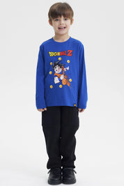 Polera azul para niño con Goku de Dragon Ball Z al frente rodeado de esferas del dragón en estilo animado