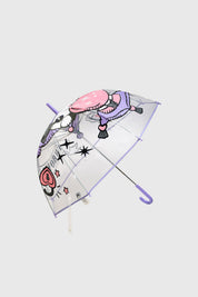Paraguas violeta con diseño de Kuromi en estilo animado cubriendo toda la superficie con detalles de estrellas y corazones