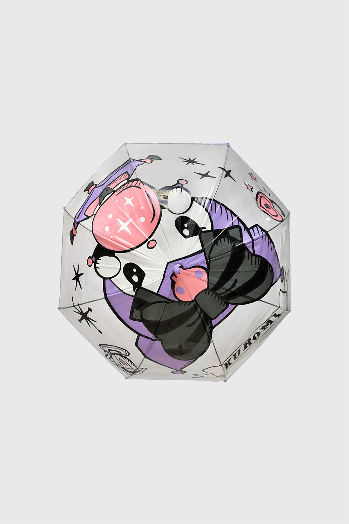 Paraguas violeta con diseño de Kuromi en estilo animado cubriendo toda la superficie con detalles de estrellas y corazones