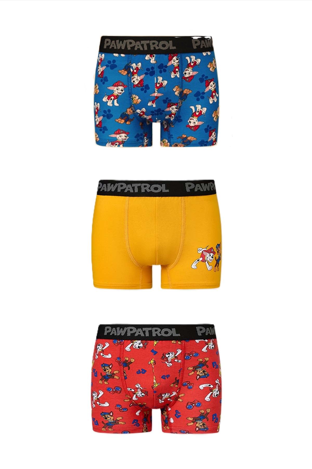 Boxer niño tripack Paw Patrol rojo con estampas de personajes en toda la prenda diseño gráfico animado