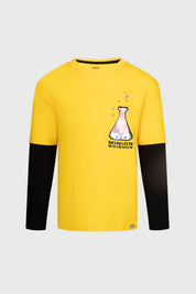 Polera amarilla de niño con diseño de Minion en matraz en el pecho estilo gráfico central con texto Minion Science