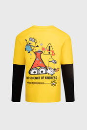 Polera amarilla de niño con diseño de Minion en matraz en el pecho estilo gráfico central con texto Minion Science