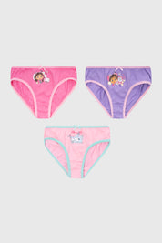 Calzón niña tripack turquesa con estampas de Gabby's Dollhouse en estilo caricatura al frente de cada prenda