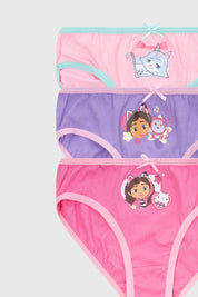 Calzón niña tripack turquesa con estampas de Gabby's Dollhouse en estilo caricatura al frente de cada prenda