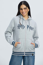 Polerón Mujer Harry Potter Gris Melange con capucha y cierre frontal