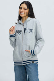 Polerón Mujer Harry Potter Gris Melange con capucha y cierre frontal