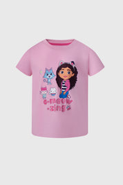 Polera niña rosado con personajes de Gabby's Dollhouse estampados