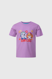 Polera niña Paw Patrol lila con estampado de personajes y detalles de flores y corazones