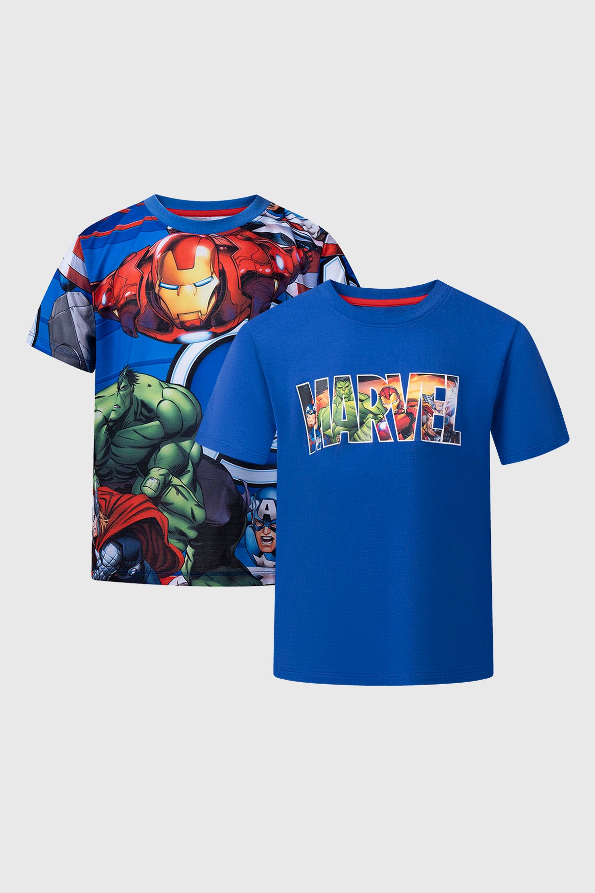 Polera niño azul con estampado Avengers destacando Iron Man y logo Marvel