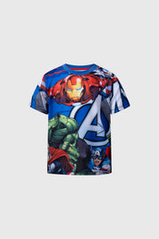 Polera niño azul con estampado Avengers destacando Iron Man y logo Marvel