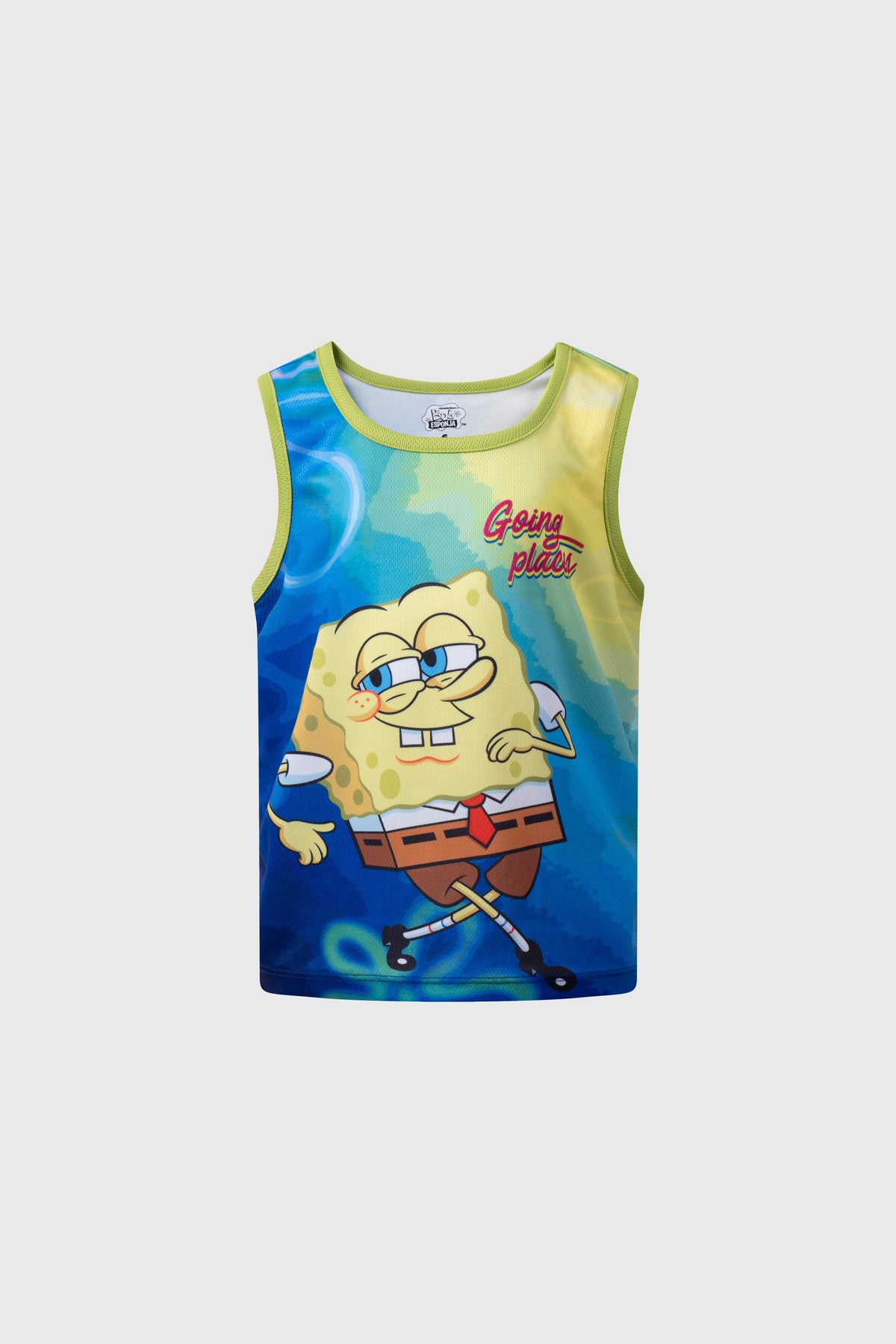 Polera sin mangas verde claro con Bob Esponja de Nickelodeon en diseño colorido y divertido