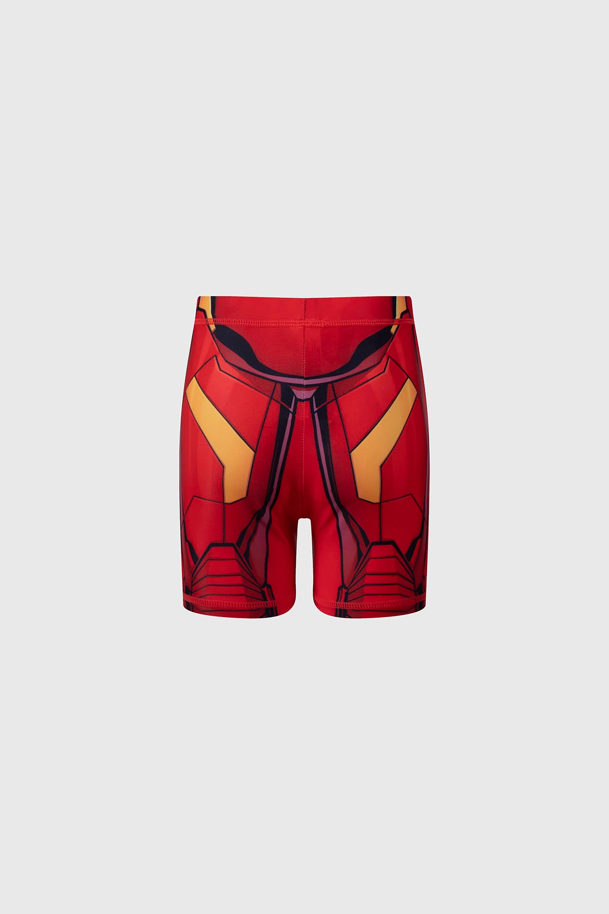 Short de baño niño rojo con diseño de Iron Man en tonos oscuros y detalles de armadura