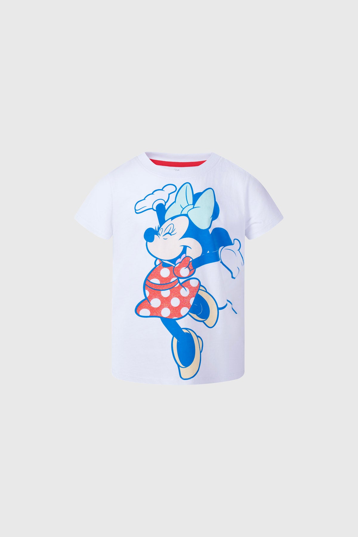 Polera blanca para niña con estampado de Minnie de Disney en azul y rojo