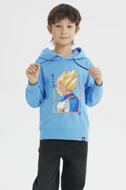 Polerón azul niño con capucha Vegeta en perfil anime en el frente diseño colorido y texto en japonés a los lados