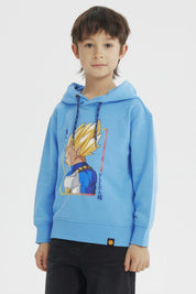 Polerón azul niño con capucha Vegeta en perfil anime en el frente diseño colorido y texto en japonés a los lados