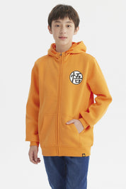 Polerón naranja con cierre completo y capucha para niño diseño de círculo negro con kanji en el pecho izquierdo estilo casual