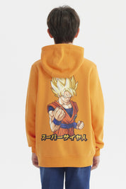 Polerón naranja con cierre completo y capucha para niño diseño de círculo negro con kanji en el pecho izquierdo estilo casual