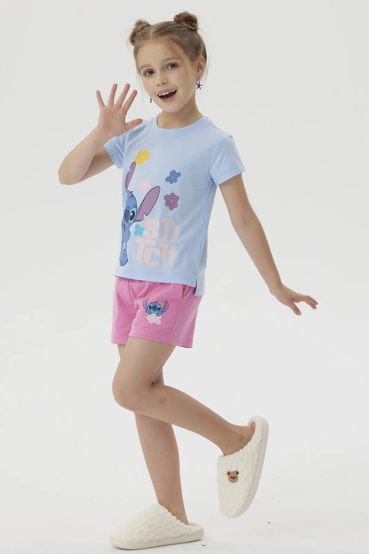 Pijama Niña Short Stitch Celeste