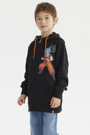Polerón negro con capucha para niño con estampa de personaje animado luchador en el pecho a la derecha estilo anime