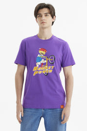 Polera morada de hombre con personaje animado en bicicleta y texto Rocket Power al frente estilo caricatura