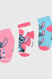 Calcetas deportivas para niña en tripack rosado con estampado de Stitch en colores vivos diseño divertido y colorido