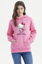 Polerón mujer rosado con capucha y estampa de Hello Kitty al centro en estilo dibujo animado con bebida y helado