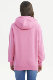 Polerón mujer rosado con capucha y estampa de Hello Kitty al centro en estilo dibujo animado con bebida y helado