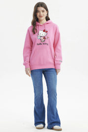Polerón mujer rosado con capucha y estampa de Hello Kitty al centro en estilo dibujo animado con bebida y helado