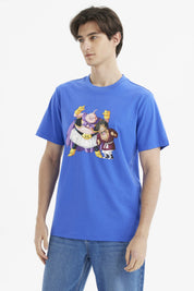 Polera azul hombre con estampa de personajes animados Dragon Ball en el centro estilo dibujo animado