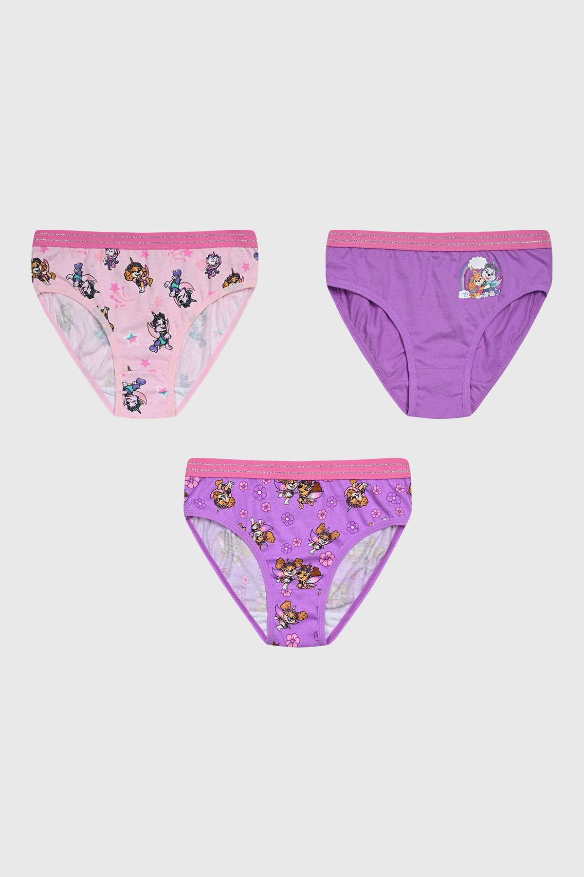 Tripack de calzones para niña en morado con estampados de Paw Patrol de tamaño mediano y estilo colorido
