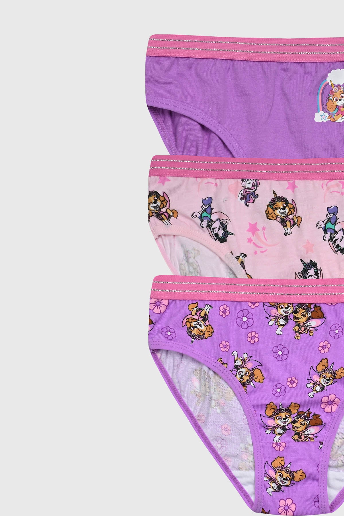 Tripack de calzones para niña en morado con estampados de Paw Patrol de tamaño mediano y estilo colorido