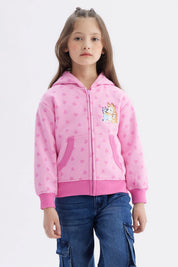 Polerón rosado con capucha y cierre diseño Bluey y corazones estampados pequeño a la izquierda estilo infantil
