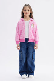 Polerón rosado con capucha y cierre diseño Bluey y corazones estampados pequeño a la izquierda estilo infantil
