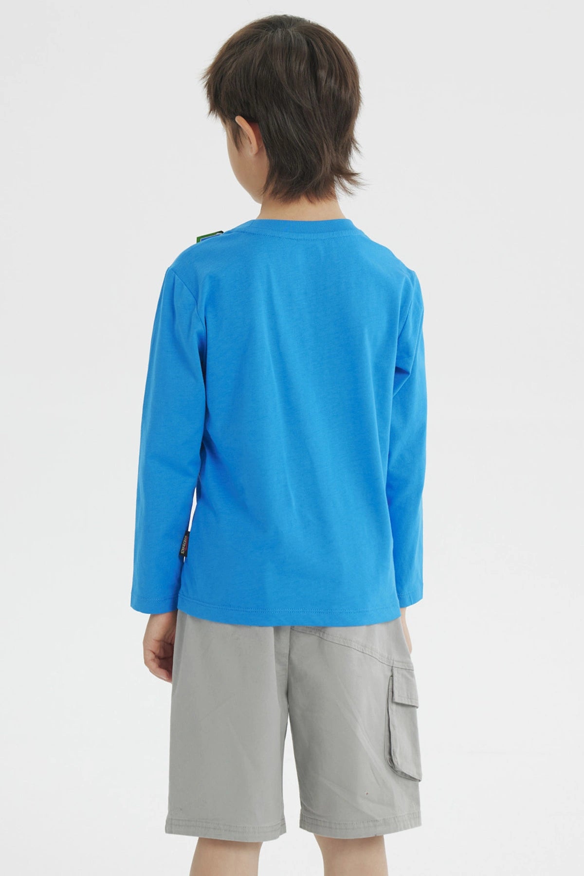 Polera azul de niño con Sonic sentado al frente en estilo animado colores vivos diseño grande centrado