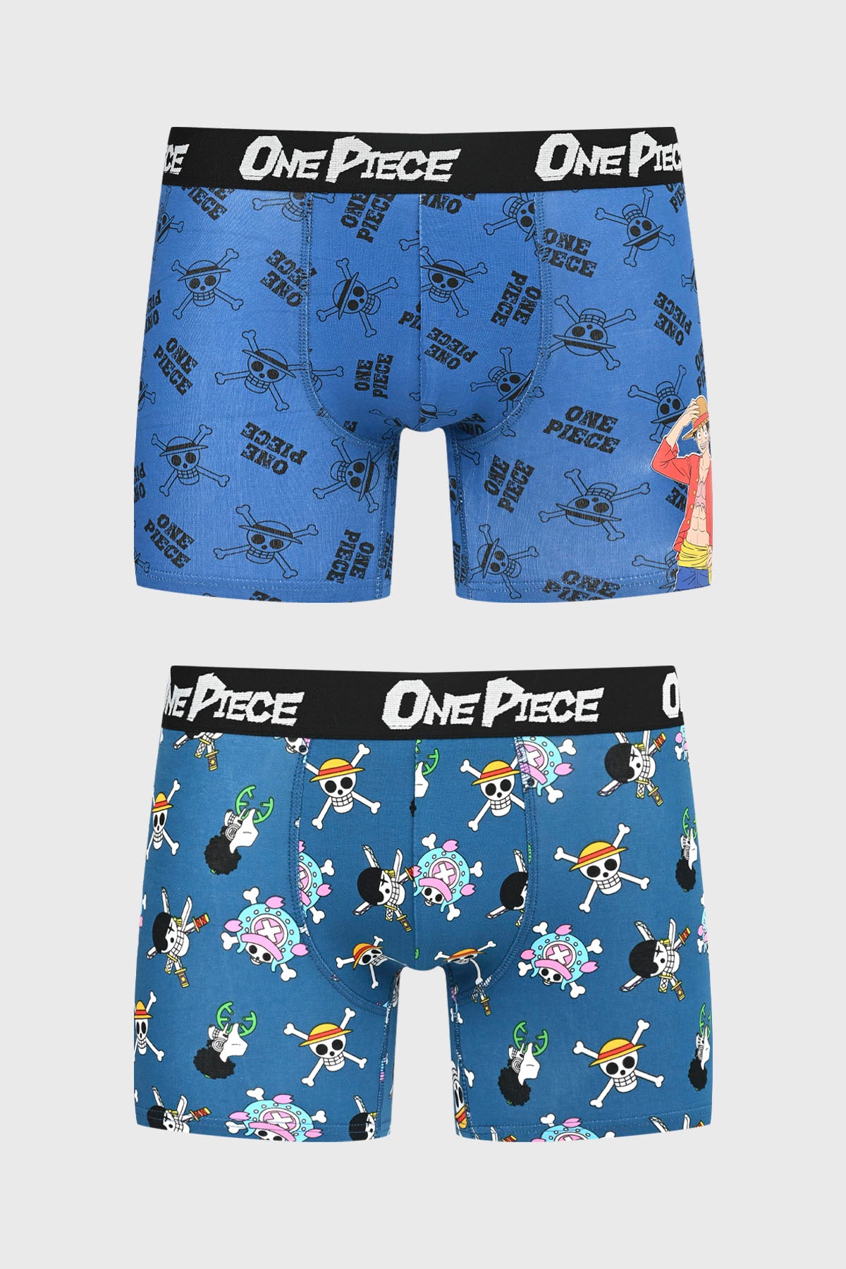 Boxer azul marino con estampado One Piece calaveras y personajes anime multicolor fondo azul gráfico y divertido