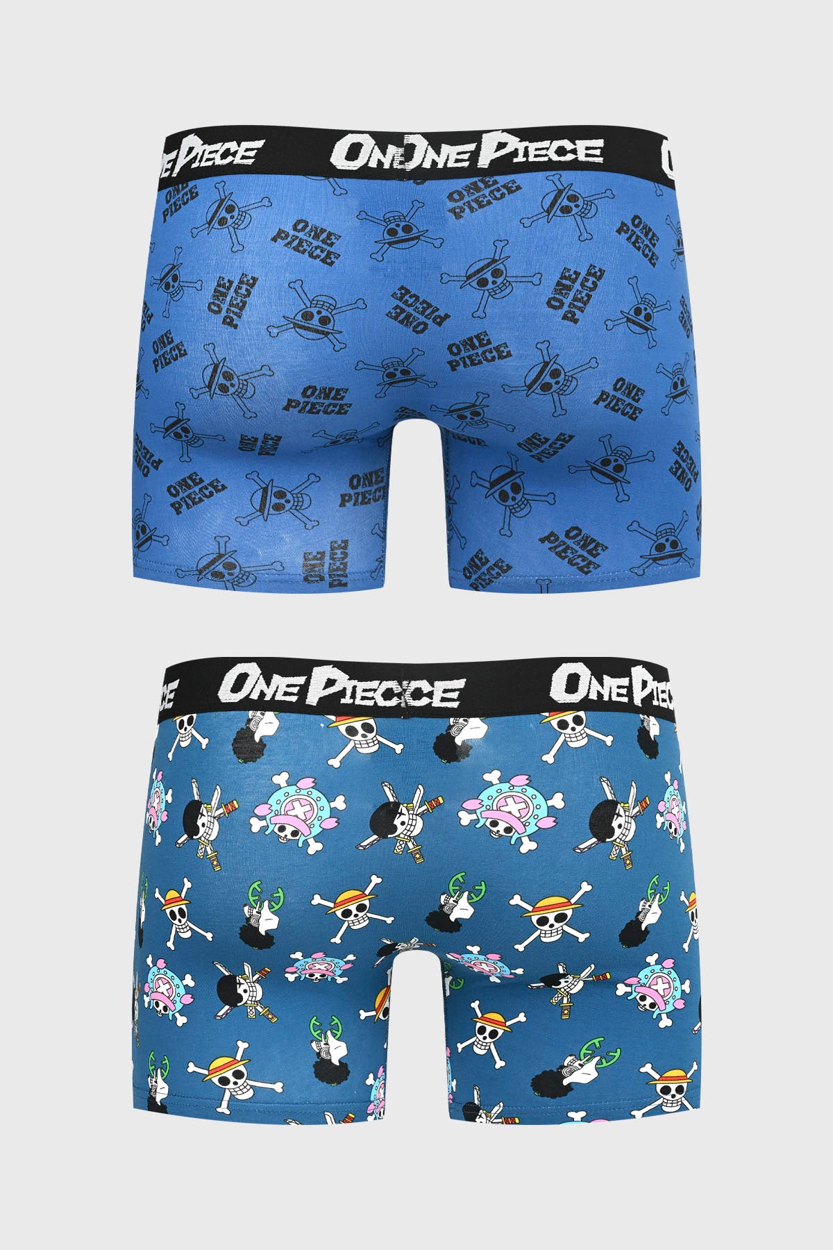 Boxer azul marino con estampado One Piece calaveras y personajes anime multicolor fondo azul gráfico y divertido
