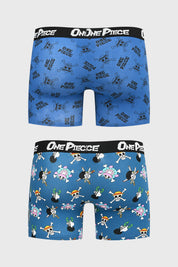 Boxer azul marino con estampado One Piece calaveras y personajes anime multicolor fondo azul gráfico y divertido