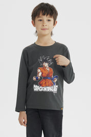 Polera niño gris melange con Goku de Dragon Ball en el frente diseño gráfico colorido y texto Dragon Ball Z debajo