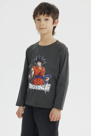 Polera niño gris melange con Goku de Dragon Ball en el frente diseño gráfico colorido y texto Dragon Ball Z debajo