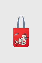 Bolsa roja con asas grises y estampa de Hello Kitty en tarro de caramelos diseño colorido y divertido