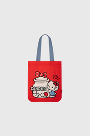Bolsa roja con asas grises y estampa de Hello Kitty en tarro de caramelos diseño colorido y divertido