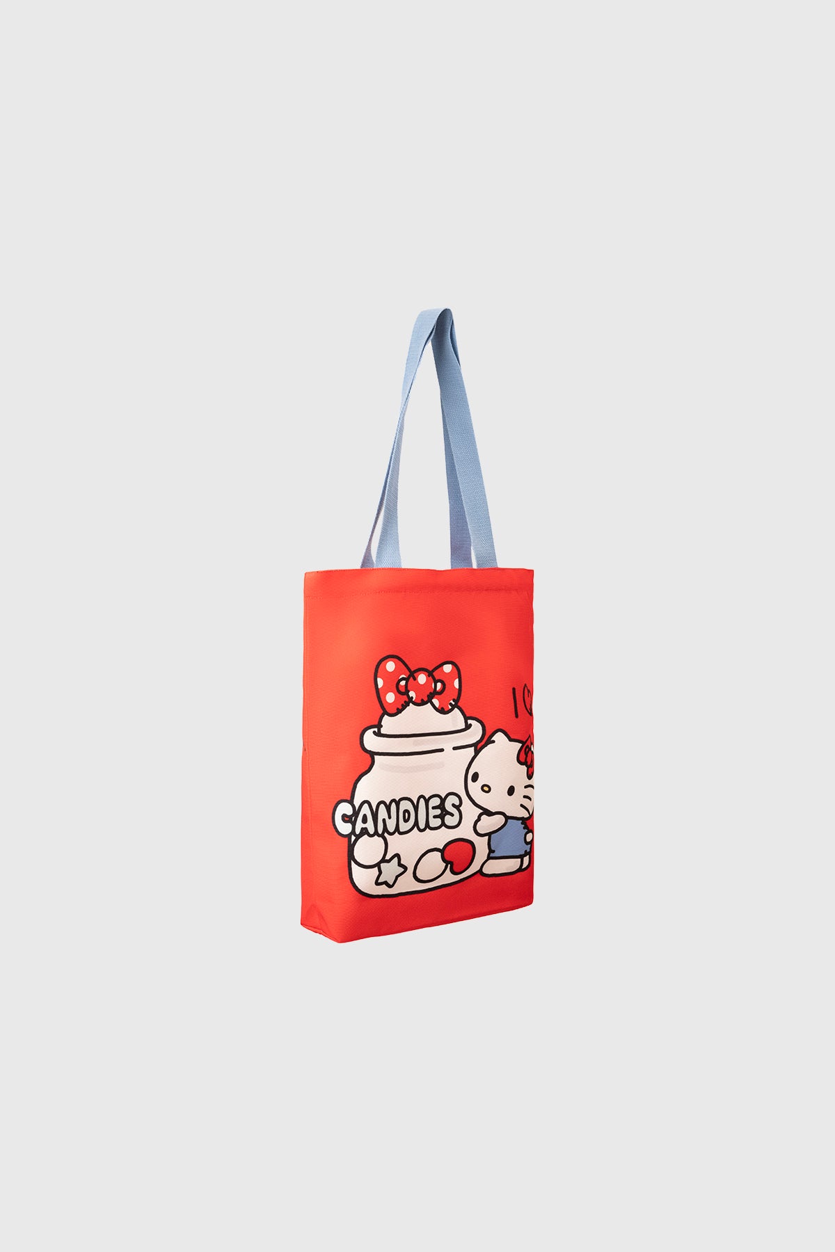 Bolsa roja con asas grises y estampa de Hello Kitty en tarro de caramelos diseño colorido y divertido