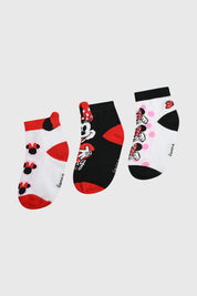 Calcetines deportivos niña tripack negro con diseños de Minnie Mouse en blanco y rojo estampados grandes y coloridos