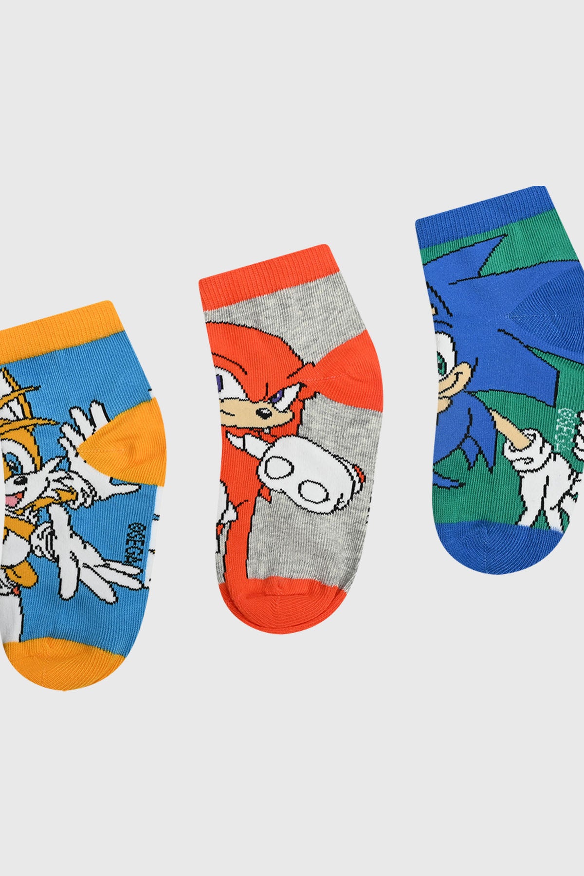 Calcetines deportivos niño azul tripack con estampas de Sonic en azul Tails en azul y Knuckles en gris gráficos grandes